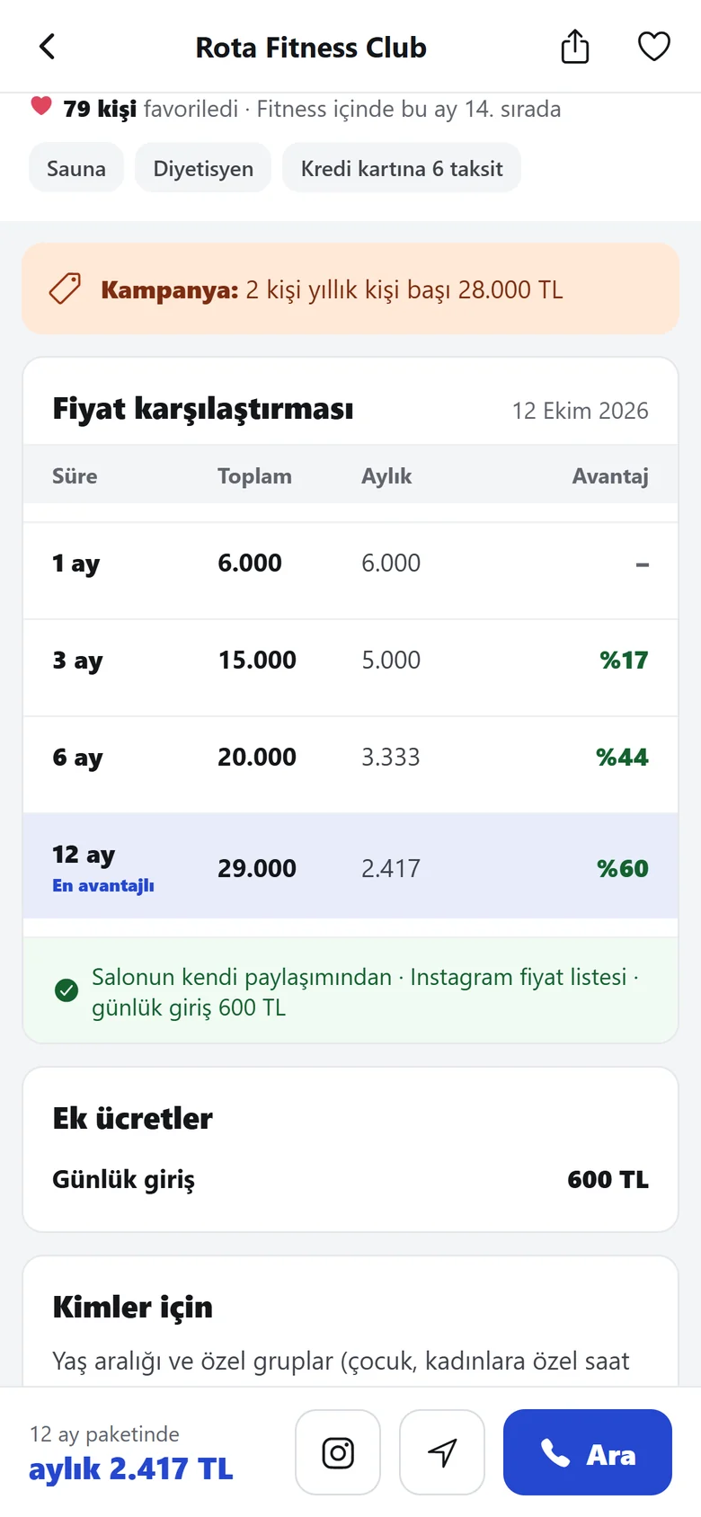 Mekân sayfasında 1, 3, 6 ve 12 aylık fiyat karşılaştırma tablosu