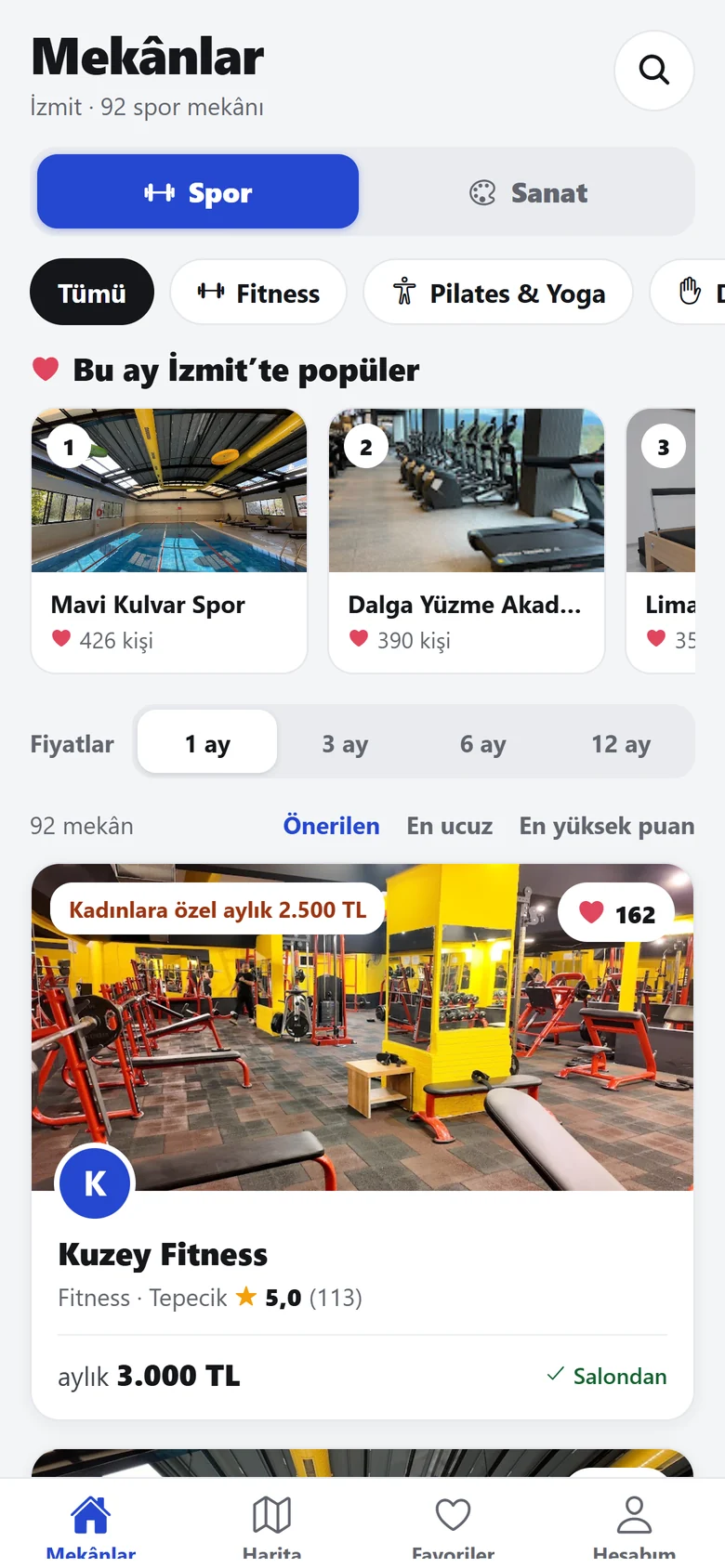 Mekân listesi: spor/sanat geçişi, popüler şeridi, kampanya etiketli kart