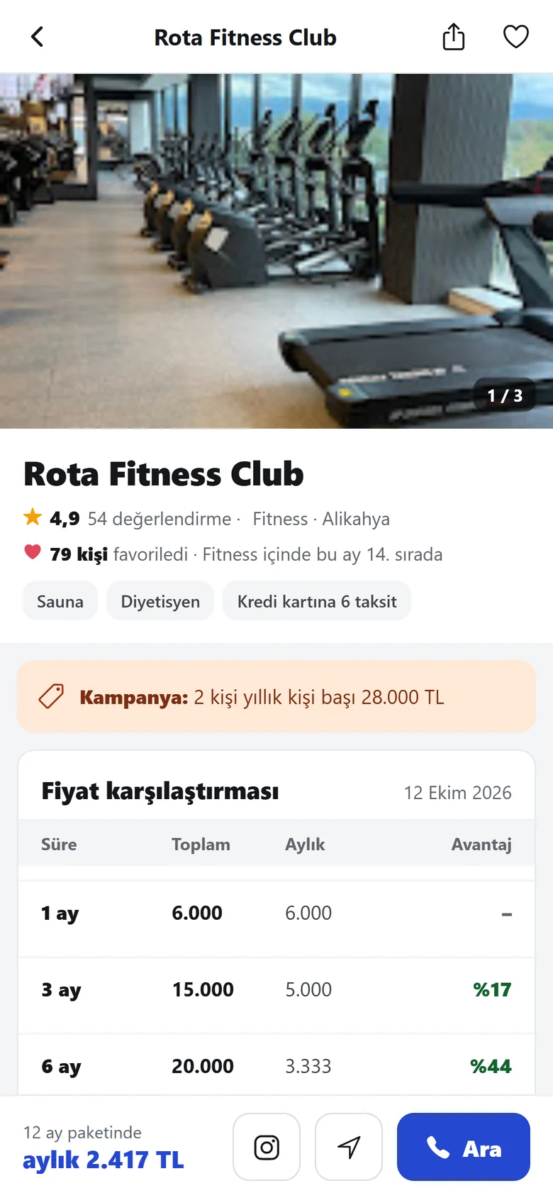Mekân sayfası: fotoğraf, puan, olanaklar, kampanya, fiyat tablosu ve ara düğmesi